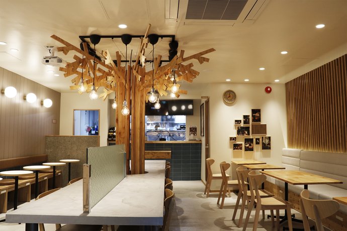 カフェハナモリ九段南店の木を主役にした内装事例